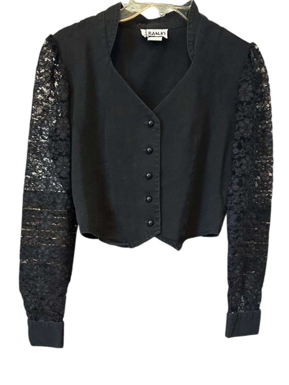 VTG Banjo Dallas Texas Cropped Jacket Sz Small Black Lace Long Sleeves FLAW READ